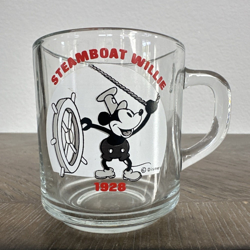 Disney Steamboat Willie 1928 Mickey Mouse 8oz Clear Glass Coffee Tea/Cup Vintage